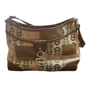 Etienne Aigner Brown and Tan Designer Monogram Print Shoulder Bag